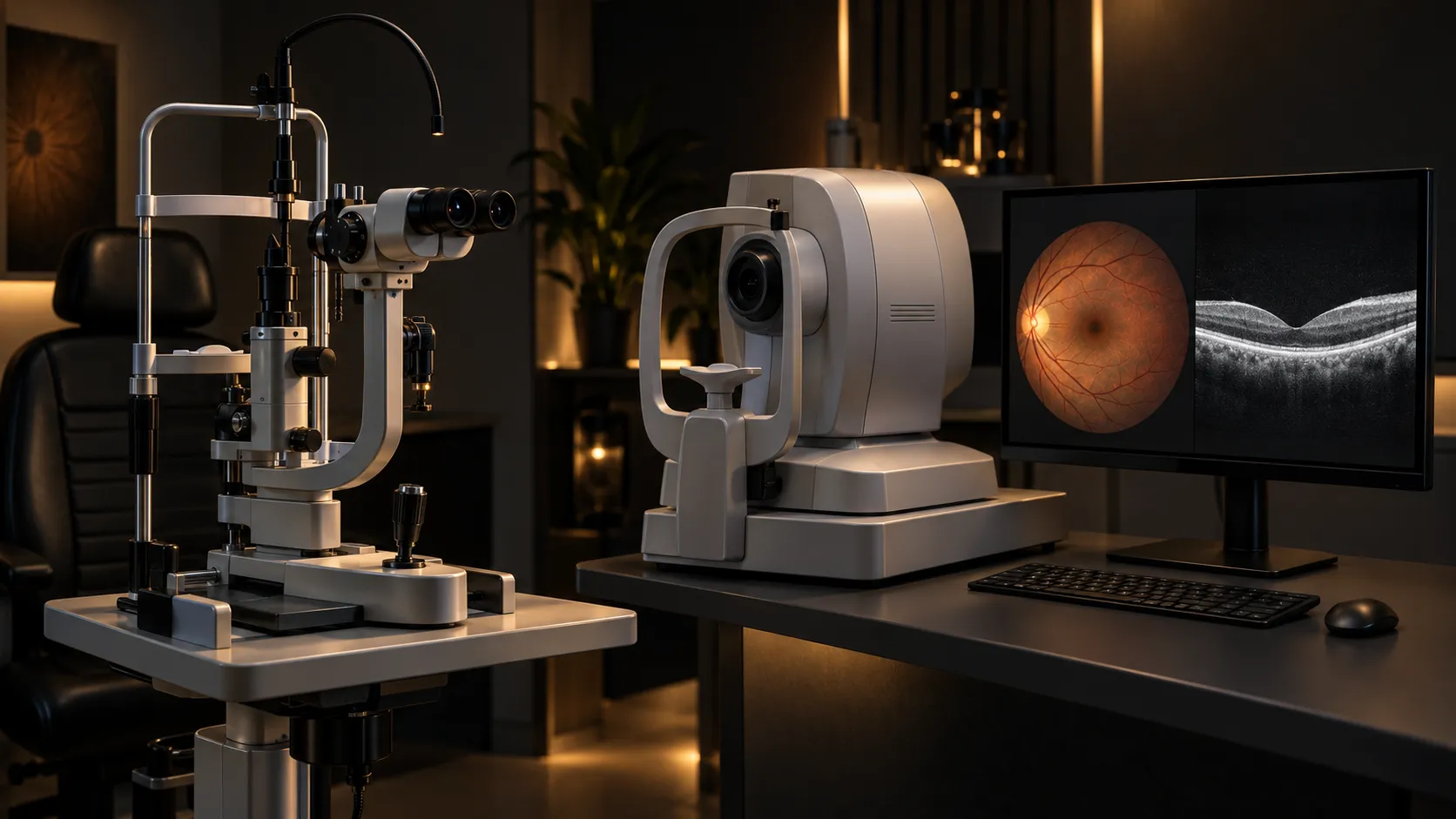 OCT scanner beside a monitor showing a retinal scan